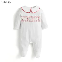 ロンパースベイビースペインの綿のフッティー生まれた白人の女の子の手はスモックロンパン幼児のスモック刺繍ジャンプスーツの服231211を作った