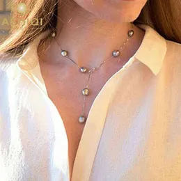 ASHIQI-collar con colgante de cadena de plata de ley 925 auténtica para mujer, joyería de perlas barrocas de agua dulce naturales de 8-9mm, color blanco y gris, 222561