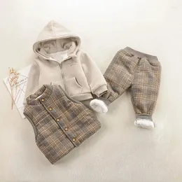 Kleidung Sets Kinder für Jungen Winter Kinder Mädchen Mantel Plaid Weste Hosen Dreiteilige Set Plus Samt Verdickung Fleece 1-5Y