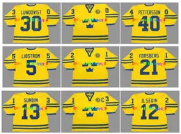 Vintage 2002 Team Sweden Hockey Jerseys 30 HENRIK LUNDQVIST 13 MATS SUNDIN 21 PETER FORSBERG 11 DANIEL ALFREDSSON 22 HENRIK SEDIN NICKLAS LIDSTROM Custom Size S-4XL