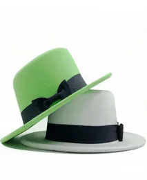 Tutta l'annata a tesa larga unisex in lana artificiale flat top boater donna verde lime cappelli Fedora cappello in feltro con fascia in nastro bowknot5161846