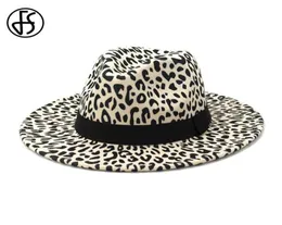 FS Beige Flat Brim Wool Felt Jazz Fedora Hats Men Women Leopard Ribbon Band Decor Trilby Panama Formal Hat Autumn Winter Cap6113609