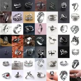 49pcs lot Men Women Band Rings Retro Stainless Steel Animal Claw Dragon Feather Adjustable Ring Hip Hop Alloy Punk Jewelry Gifts2092