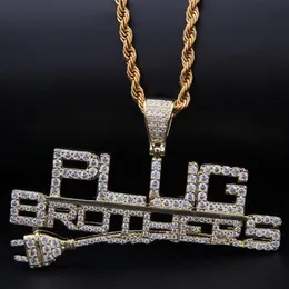 14-каратное позолоченное ожерелье на заказ, новый дизайн, полностью ледяное комбинированное ожерелье с буквами и надписью Plug Brothers, подвеска в стиле хип-хоп, 220R
