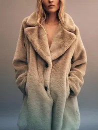 Kvinnors ull blandar zbza faux päls jacka rockar hösten vinter lapel krage långa ärmar welt fickor tjockare överrock kvinnlig varm ytterkläder 231211