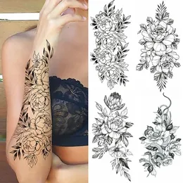 Tymczasowe tatuaże czarne kwiaty naklejka rękaw ramię Rose księżyc motyl wąż węża henna dekorator realistyczne fałszywe kobiety 3D totem 231208