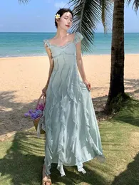 Casual Dresses French 2023 Summer Woman Green Ruffle Edge Slip Long Sexig Club Fashion Backless Holiday Party Suntess Sundress Bohemian