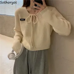 Suéteres femininos com decote em v pullovers mulheres com nervuras outwear chegam soltos lazer sólido outono suéter quente estilo coreano rendas até moda simples