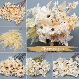 Decorative Flowers Wreaths 10Pcs Champagne Series Wedding Simulation Flower Branch Auditorium Road Lead Floral Arrangement Material Home r 231207