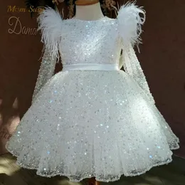 Abiti da ragazza Moda Neonata Principessa Paillettes Abito tutu Manica lunga con piume Bambino Vestido Festa di nozze Compleanno Abiti di Natale 1 14Y 231211