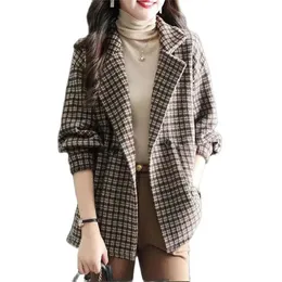 يمزج الصوف النسائي عن عتيقة Houndstooth Women Woolen Blazer مزدوجة الصدر منتفخة بدلة أنثى سترة