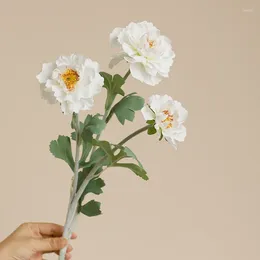 Dekorativa blommor 3 huvuden flockar peony gren konstgjorda heminredning vit fleurs artificielles pografi rekvisita blommor
