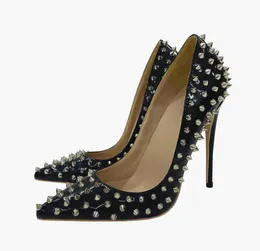 Luxus Mode Designer Schwarz Spike Sexy Spitze Zehen Schuhe Spitze Dünne High Heels Nieten Damen Herbst und Winter