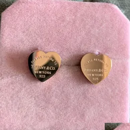 Stud carino ragazze semplici originale marchio cuore lucido Tf Oorbellen oro 18 carati Sier Rose donne amore incidere orecchini regalo di amicizia J Otbqv