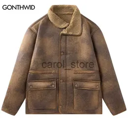 Herrenjacken Vintage-Leder-Lammwolljacke Y2K Retro gewaschene wasserdichte dicke warme Winter-Fleecejacken 2023 Harajuku-Mäntel Braun Schwarz J231115