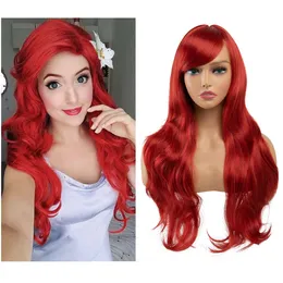 Peruk deniz kızı prenses kırmızı anime uzun yumruk saç dalgası sentetik fiber cos kafa bandı