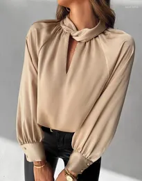 Women's Blouses Shirts 2023 Autumn Satin Long Sleeve Hollow Out Keyhole Neck Twisted Ruched Top Office Lady Blouse Female Clothing