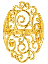 Cluster Anéis Pure 24K Anel de Ouro Amarelo Mulheres 999 Flor Esculpida Moda