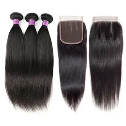 Perucas sintéticas brasileira virgem cabelo natural pacotes retos tece 4x4 fechamento de renda em linha reta cabelo humano 3 pacotes com fechamento entrega rápida 231211