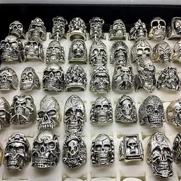 Men's Fashion 50pcs Lots Top Mix Style Big Size Skull Carved Biker Silver Plated Rings jewelry Skeleton Ring258c