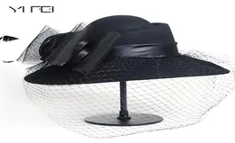 Women Wool Floral Veil Netting Feather Wide Brim Derby Hat Floppy Hat Fedoras Formal Occasion Dance Party Summer Beach Hat Y1905202235615