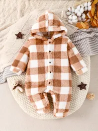 Macacão outono e inverno bebê meninas onesie marrom xadrez macio ártico veludo com capuz pés bonito nascido roupas quentes macacão 231211