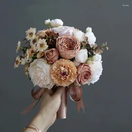 Wedding Flowers NZUK Vintage Bouquet Peonies Rose Artificial Bride Holding Ramo De Novia Accesorios Para Boda