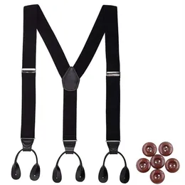 Vintage Suspenders for Men 35cm Width Button End Black Leather Trimmed Y Back Adjustable Elastic Trouser Braces Strap Belt3254