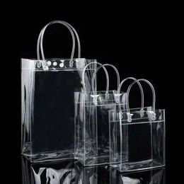 10 pezzi sacchetti regalo in plastica PVC con manici sacchetti per imballaggio in plastica per vino borsa trasparente borsa per bomboniere moda PP con bottone286v