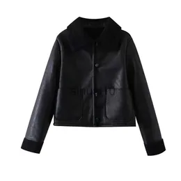 Женские куртки, осенне-утренняя новая женская черная меховая интегрированная короткая двусторонняя куртка, пальто, теплое кожаное пальто J231211