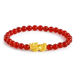 Pulsera de oro amarillo 999 auténtico para mujer, colgante de Pixiu con suerte y cuentas de ágata roja, pulsera 6 LJ2010204478353