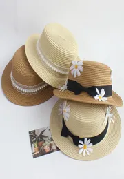 2022 New Sun Hat Straw Boater Top Summer Hats Women Beach Flat Brim Cap Bowknot Ribbon for Holiday Sombreros De Sol Pearl Caps2290668