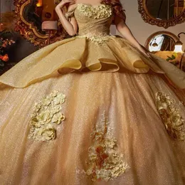 Gold Shiny Quinceanera Elbiseler Omuzdan Enfes Tweetheart Aplikes Dantel Çiçek Doğum Günü Partisi Balyoyu Vestidos de 15