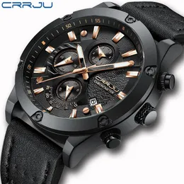 Reloj hombre CRRJU, reloj de moda para hombre, cronógrafo de seis pines, relojes de pulsera de cuarzo impermeables de cuero, relojes deportivos para exteriores para hombre 280N