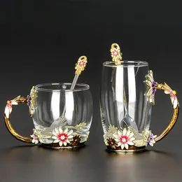 Kreative hitzebeständige Kristallglas-Tasse, Emaille-Glasbecher, Blumen-Tee-Set, Kaffeetasse, Wasser, Milch, Kaffee, Trinkgeschirr für Geschenk, Prefer2922