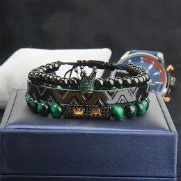 3 pçs conjunto coroa bangel pulseira para homens verde cz coroa trança pulseira moda aço inoxidável manguito jóias189a