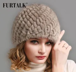 Furtalk gorro de pele de vison real para mulheres inverno macio quente chapéu de pele russa inverno gorro de malha para female1938799