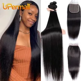 Perucas sintéticas Upermall 3/4 Remy Straight Human Human Bundles com fechamento brasileiro 9A HD transparente 4x4 fechamento de renda e pacote natural preto 231211