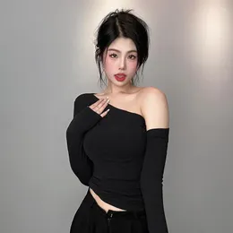 Kvinnors T-skjortor Real S Procurement Service från Korea Dongdaemun Sneaky Design Off-the-Shoulder Figure Sexig Slim Fit Slimming Long Sleeve