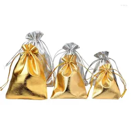 Bolsas de jóias 50 pacotes 7x9 9x12 10x15cm ajustável jóias embalagem tecido saco prata/ouro cores cordão armazenamento de casamento