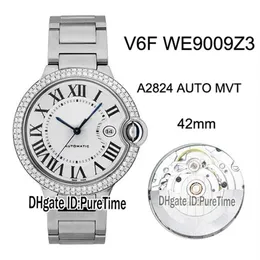 New V6F WE9009Z3 ETA A2824 Automatic Mens Watch Diamond Bezel White Textured Dial Black Roman Markers Steel Bracelet Edition 250O