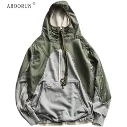 メンズジャケットAboorun Men's Heavy Army Patchwork Hooded Jacket Hi Street Streetwear男性231208用ルーズプルオーバーコート