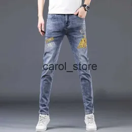 Men's Pants Summer Bull Embroidered Jeans Men European Station Thin Smoke Grey Slim Fit Small Foot Stomach Denim Pants High End Cotton Dress J231208