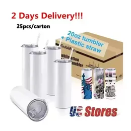 US/CA warehouse STRAIGHT 20oz Sublimation Tumblers with Straw Stainless Steel Water Bottles Double Insulated Cups Mugs for Birthday Gifts 1211