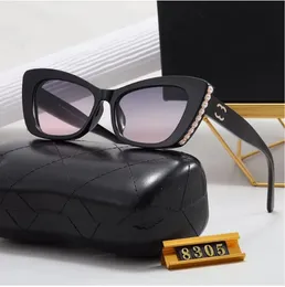 Perlen-Sonnenbrille, Designer-Mode, Damen-Sonnenbrille, goldene Buchstaben, Katzenaugen-Sonnenbrille mit Box, Schutzbrille, UV-400-Luxusbrille als Geschenk