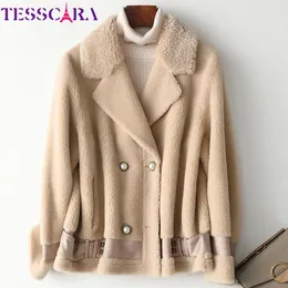 Women's Wool Blends TESSCARA Women Autumn Winter Basic Jacket Coat Blend High Quality Female Fur Leather Suede Jackets Short Outerwear Coats 231211