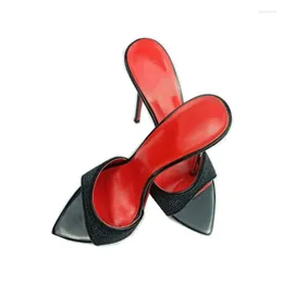 Terlik mkhou moda sandalet kadınlar yüksek kaliteli sivri uçlu açık sığ ağız siyah kristal modern ayakkabılar