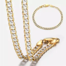 4mm Flat Hammered Curb Cuban Necklace Bracelet Gold Mix Silver Color for Women Men Jewelry Set GN64A2007