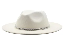 2020 Wysokiej jakości szerokie grzbiet fedora czapka kobiety imitacja wełniana wełna czapki z metalowym dekoracją łańcucha Panama Fedoras Chapeau Sombrero C8498469