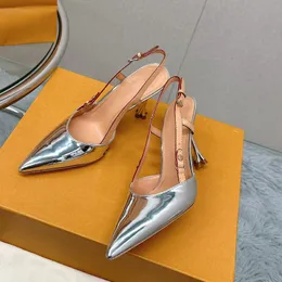 Lüks Kadın Tasarımcı Marka Blossom Sandallar Şık klasik mektup erik topuk sivri ince şerit sandalet orijinal deri tabansız slayt olmayan bayanlar açık ayakkabılar